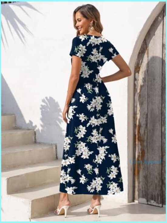 Short Sleeve Maxi Dress with V Neck Pockets Casual Summer Sundress - Picture 6 of 7